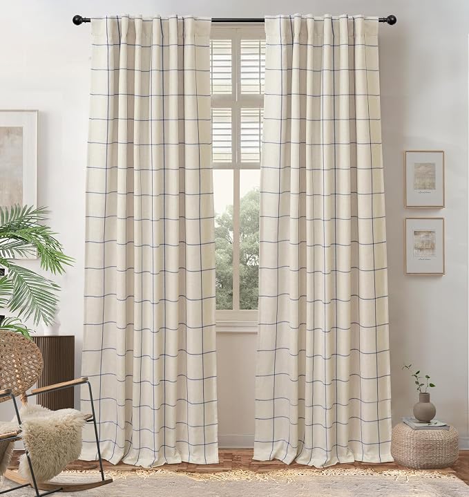 DriftAway 100% Blackout Plaid Curtains 102 Inches Long 2 Panels Navy Blue | 100% Blackout, Linen Texture, Plaid Pattern, Two Layers, Rod Pocket & Back Tab, Bedroom Living Room Use, Luxury Appearance