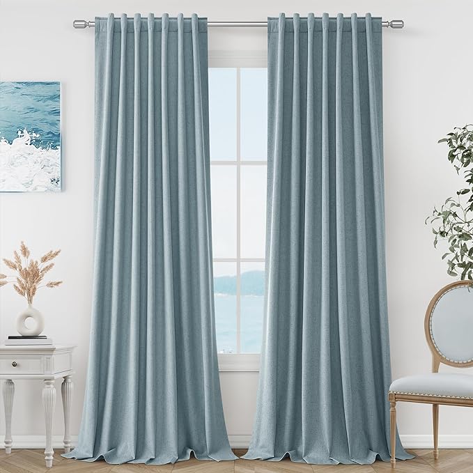 Blue 100% Blackout Linen Curtains 108 Inch Length 2 Panels Set for Living Room Bedroom Back Tab Thermal Insulated Black Out Drapes Room Darkening Farmhouse Style for Bedroom Window Curtains