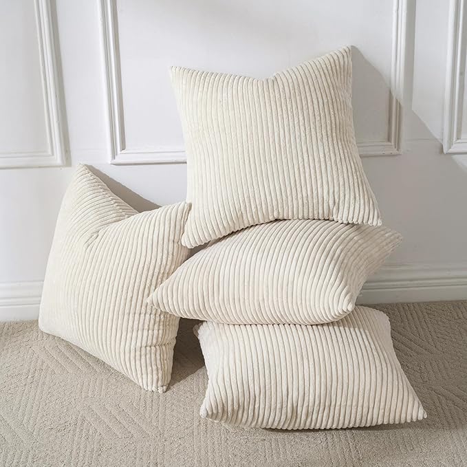Volcanics Set of 4 Beige Cream Corduroy Couch Throw Pillow Covers 18x18 in | Decorative Modern Double-Sided Striped Cushion Cases, Soft Boho Square Accent Pillow Covers, Mix and Match for Home Decor