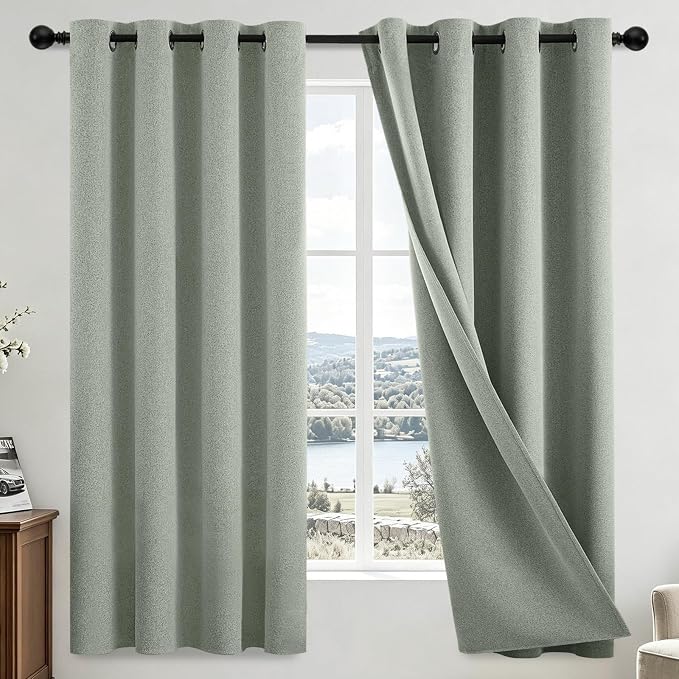 COSVIYA 100% Blackout Sage Green Linen Curtains & Drapes 63 Inch Length | Light Blocking Full Room Darkening Grommet Insulated Thermal Window Panels for Bedroom/Living Room,52x63 inches,2 Panels