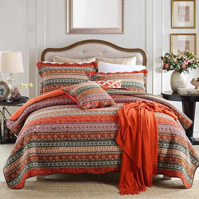 Striped Classical Cotton Patchwork Bedspread Quilt Sets, Twin Size