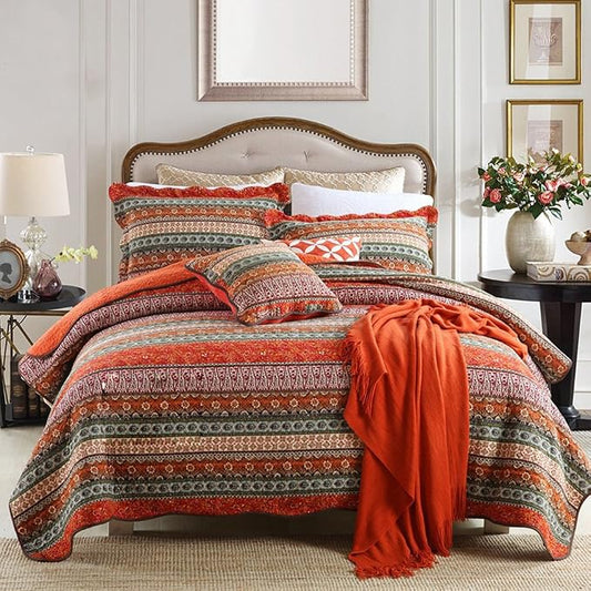 Striped Classical Cotton Patchwork Bedspread Quilt Sets, Twin Size
