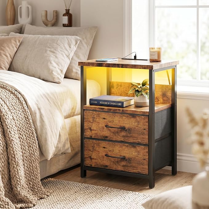 Fixwal Night Stand with Charging Station, Led Nightstand, 2 Fabric Drawers | rustic brown, built-in bedside charger, 2 AC outlets & 2 USB ports, open top shelf, small bedroom furniture, end table