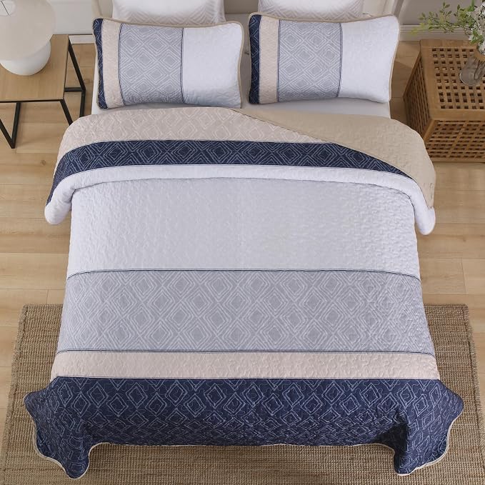 Cottolester Quilt Set Queen,3 Pcs Khaki Navy Blue Striped Plaid Bedspread | Ultra Soft Summer Lightweight Coverlets Set for Men Women,Microfiber Patchwork Quilt Bedding Sets for All Seasons 96"x90"