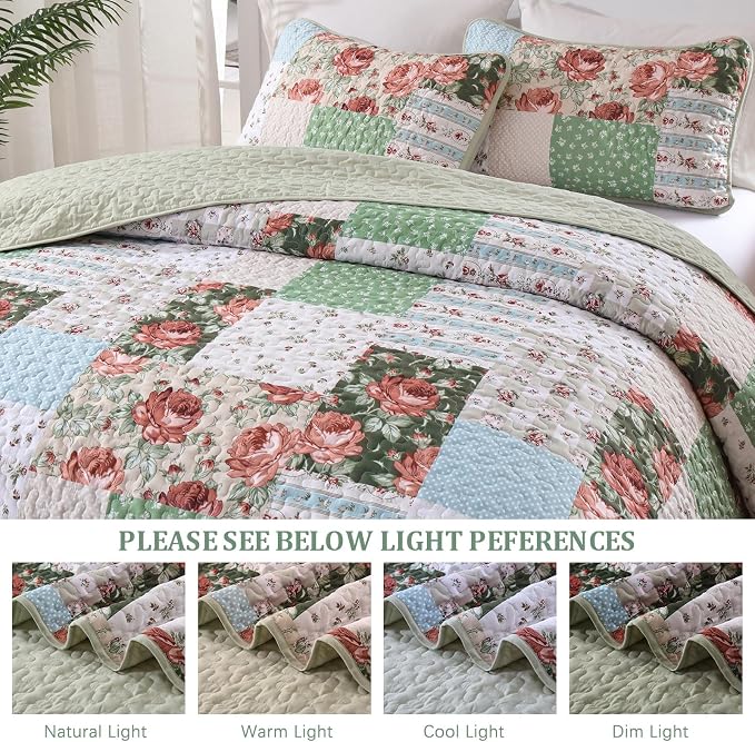 Anibedding Floral Patchwork Quilt Set Queen Size, Red Green Plaid Bedspread | Rustic Floral Boho Coverlet Set, Soft Lightweight Farmhouse Quilt Bedding Set 3 Pieces for All Season, 96''x90''