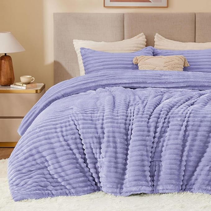 BEDELITE Fleece Full Comforter Set, Fluffy Bed Set, Lavender | Super Soft & Warm Bedding, Luxury Fuzzy Faux Fur Comforter for Winter, Heavy Plush Bedding, with 2 Pillowcases