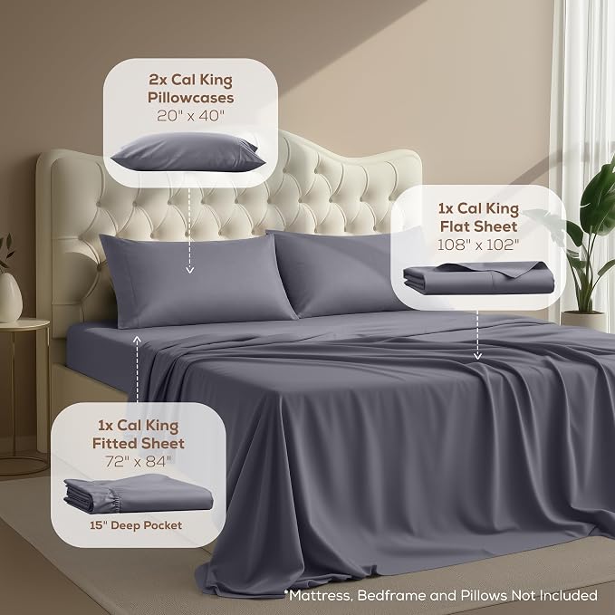 California King Sheets Set, 4 Pieces 16" Deep Pocket Bed Sheets, Grey | Extra Soft Bedsheet Set, Comfy & Breathable Cooling Sheets, Wrinkle & Fade Resistant, Fitted Sheet, Flat Sheet, 2 Pillowcases