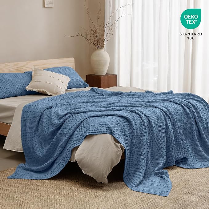 PHF Lightweight 100% Cotton Waffle Blanket for Bed, Twin XL, Denim Blue | Pre-Washed Soft Cotton Comfort, Breathable Layering Warmth for Fall & Winter, Couch & Guest Room, Couch, Home Decor & Gifts