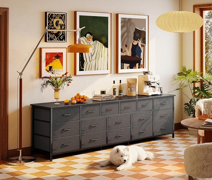 Huuger 77.6" Long Dresser for Bedroom, 16 Drawer Fabric Dresser for Closet, Wide Chest of Drawers with Storage, TV Stand for 65, 75, 85 Inch TV, 77.6" W x 13" D x 26.4" H, Black