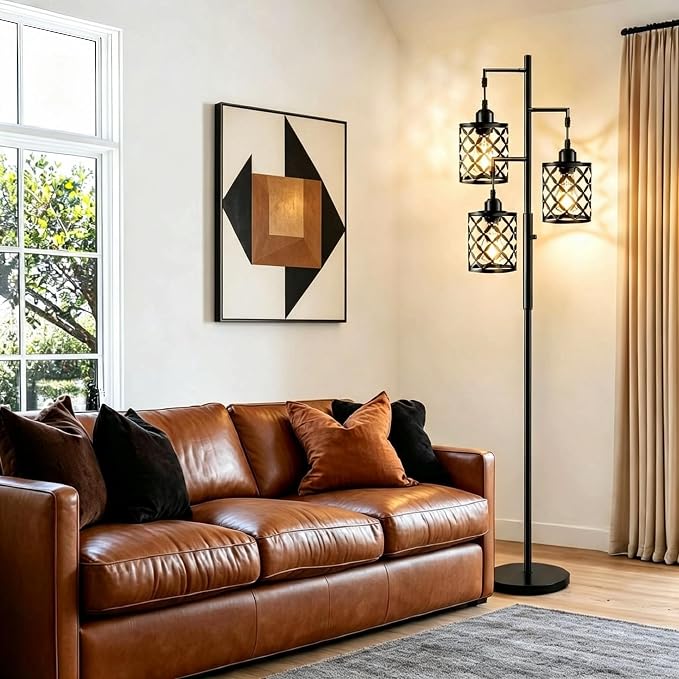 72" Industrial Tree Floor Lamp, Dimmable Farmhouse Tall Stand Light with Metal Cages & Rotary Dimmer Knob, Corner Decor Lighting for Living Room Bedroom Cafe, 3 x 800LM Bulbs Included-Black