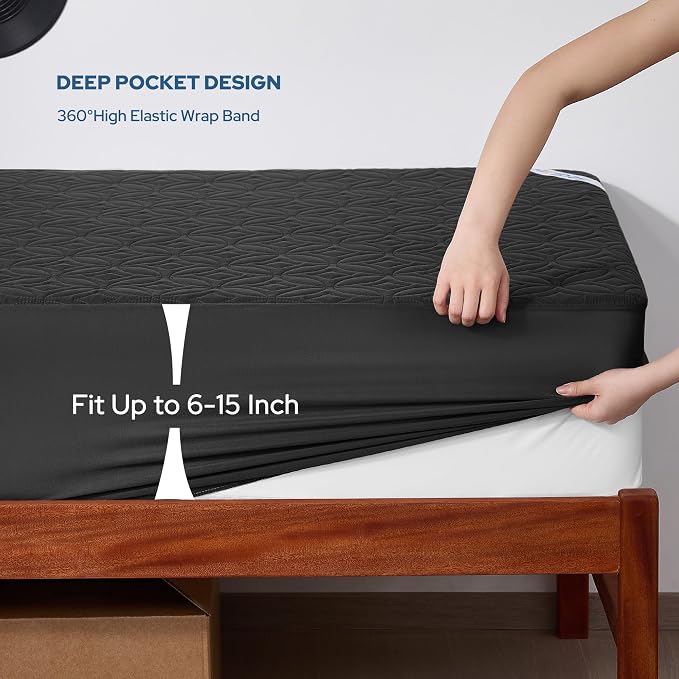 BEDLORE Waterproof Mattress Protector, Twin XL Size Mattress Pad | Deep Pockets Fit 6"-15" Mattresses, Soft Breathable Dirt-proof Bed Mattress Cover for Bedroom, College Dorm (Black)