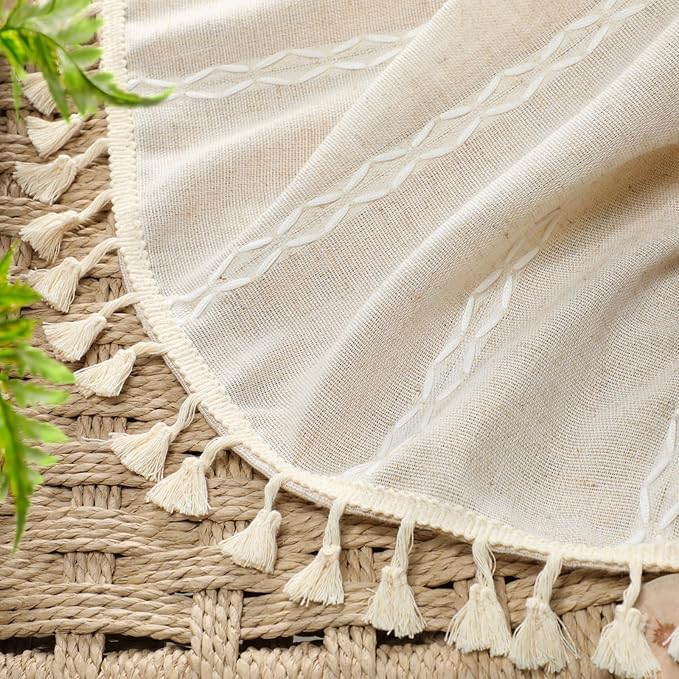 Boho 100% Blackout Curtains 63 Inch 2 Panels Linen Blend Beige | Vintage Farmhouse Rod Pocket, White Cotton Embroidery and Tassel, Bedroom, Living Room, Insulation and Room Darkening