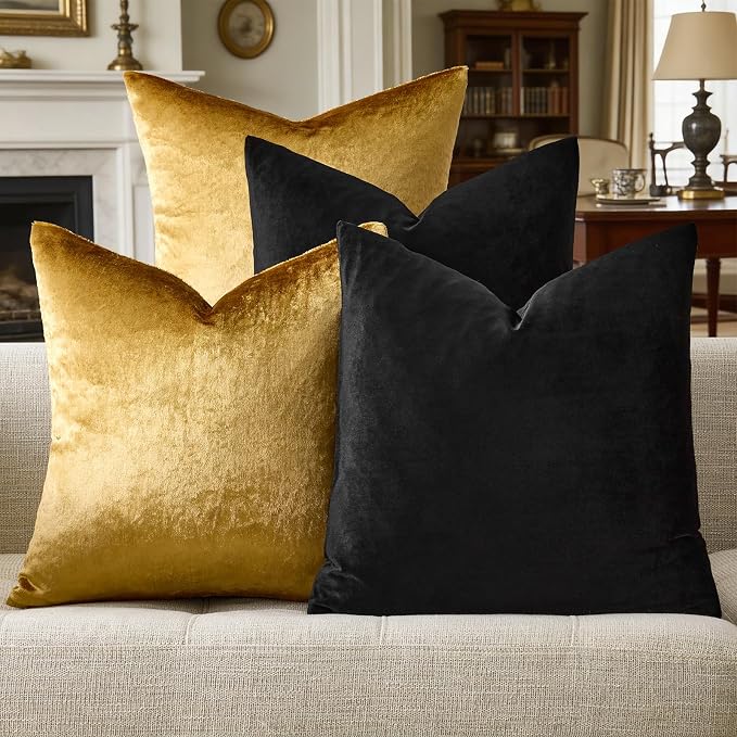 GIGIZAZA Pack of 4 Decorative Velvet Pillow Covers 16x16 Black Gold | Throw Pillows for Couch Sofa,280gsm Soft Textured Fabric,Modern Accent Pillowcases,Luxury Living Room Cushion Covers