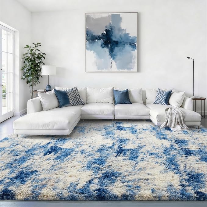 Ophanie 9x12 Blue and Gray Area Rugs for Living Room,Large Navy Grey White Fluffy Shag Fuzzy Plush Soft Carpets,Floor Shaggy Rugs for Bedroom,Carpet for Kids Dorm Decor with Over 99 pcs Pile fibers