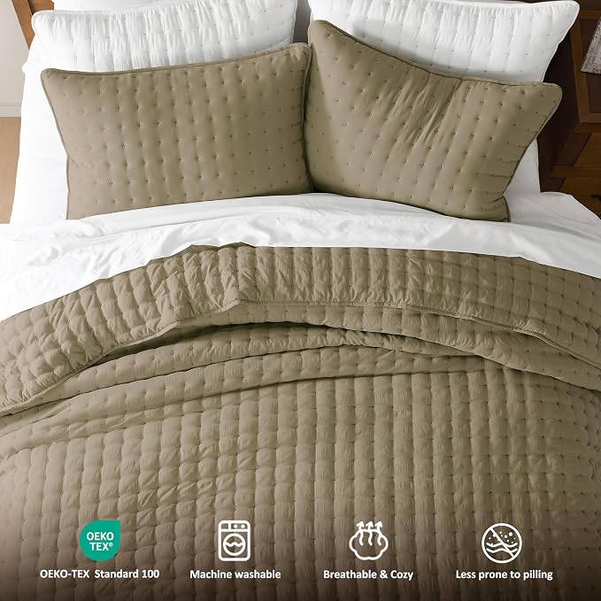 WDCOZY Queen Size Quilts Bedding Sets with 2 Pillow Shams, Lightweight Soft Bedspread Coverlet, Quilted Blanket Thin Comforter Bed Cover for All Season, 3 Pieces, 90x90 inches, Taupe