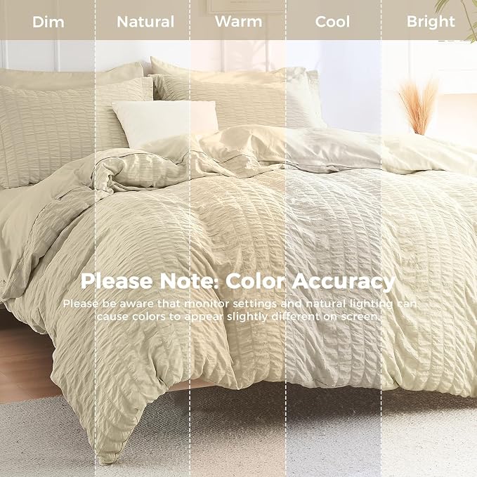 HYMOKEGE Oatmeal Queen Comforter Set Seersucker 7 Pieces, All Season Luxury Bed in a Bag Queen for Bedroom, Bedding Set with Comforter, Sheets, Pillowcases & Shams