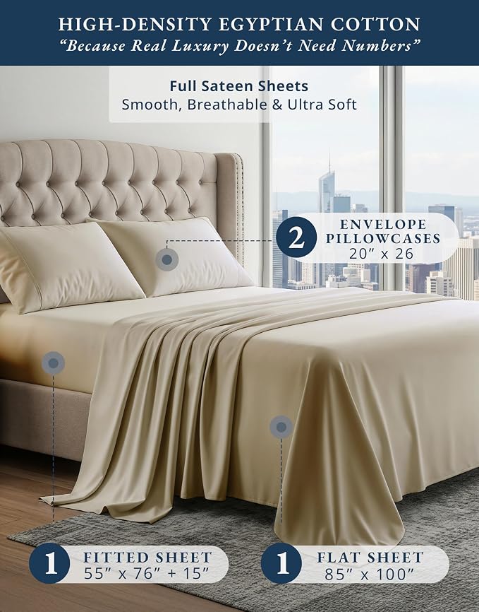 LANE LINEN Full Bed Sheets Set 100% Egyptian Cotton Sateen - Linen | Sheet Sets Full Size Bed - 4-Piece Set, For A Luxurious Night's Sleep, For A Silky Hotel-Style Bed, Luxe Sheen,