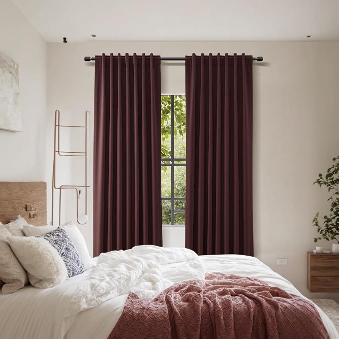 100% Blackout Curtains 84 Inch Length 2 Panels Set for Living Room Bedroom Back Tab Thermal Insulated Black Out Linen Drapes Room Darkening Reddish Brown,52x84