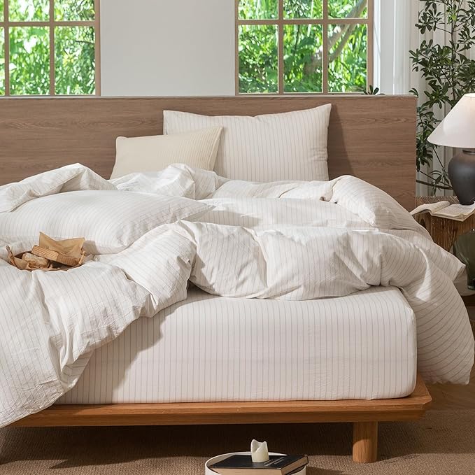 MooMee Striped Duvet Cover Set 100% Washed Cotton Linen Like | Relaxed Linen-like Texture. Soft, Breathable & Long-lasting Comfort. Lightweight. Hidden Zipper with 8 Interior Corner Ties