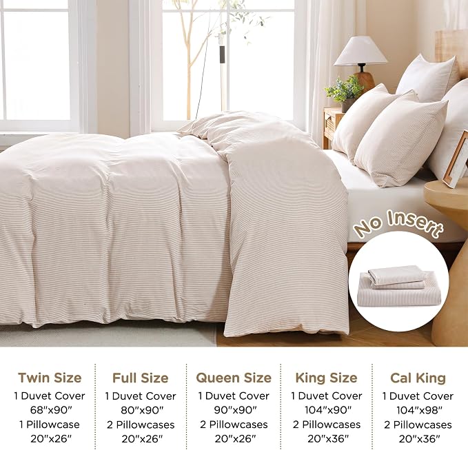 TOCOMOA Brown Striped Duvet Cover Set 100% Washed Cotton Like Linen, King | Linen-Like Feel Soft, Breathable & Comfy for All Season. Pinstriped Bedding Set with Zipper & 8 Ties. 3 Pcs, No Insert