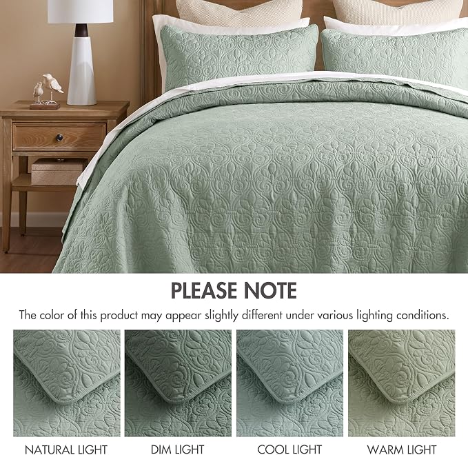 Madison Park Twin Quilt Bedding Set, Cottage-Inspired Damask, 2PC | All Season Quilted Coverlet, Classic Stitch Pattern Bedspread & Shams, Ultra Soft Microfiber Bedspread Set, Seafoam