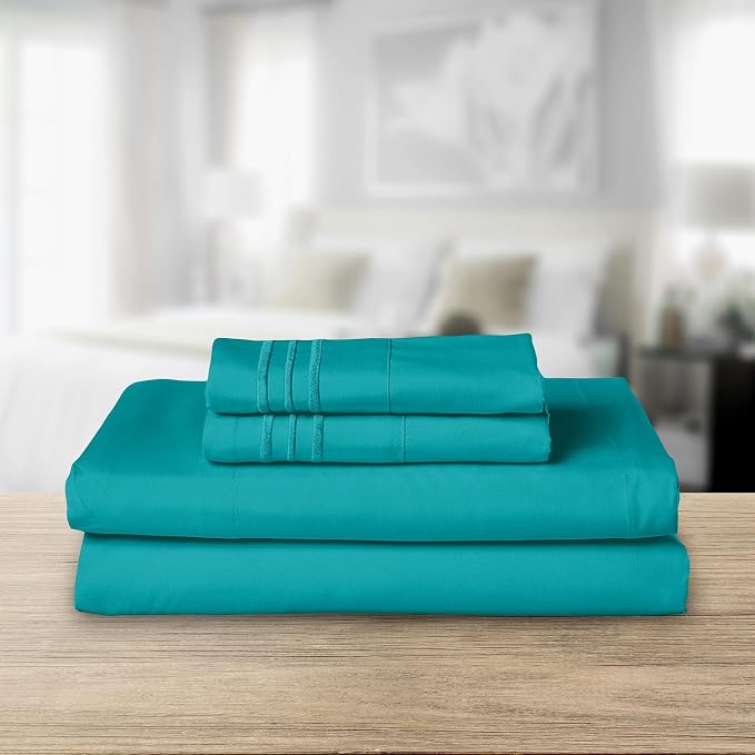 Elegant Comfort Luxurious 1500 Premium Hotel Quality Microfiber Three Line Embroidered Softest 4-Piece Bed Sheet Set, Wrinkle and Fade Resistant, Queen, Turquoise