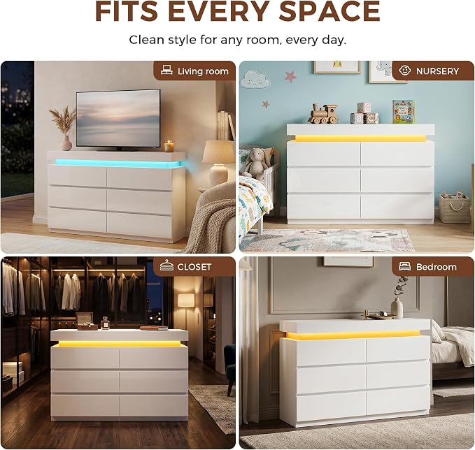 6 Drawer Dresser with LED Lights and Charging Station, Modern White Dresser | RGB Lights with App and Remote Control, Music Sync Mode, 6 Spacious Drawers and Durable MDF Storage for Bedrooms or Closets