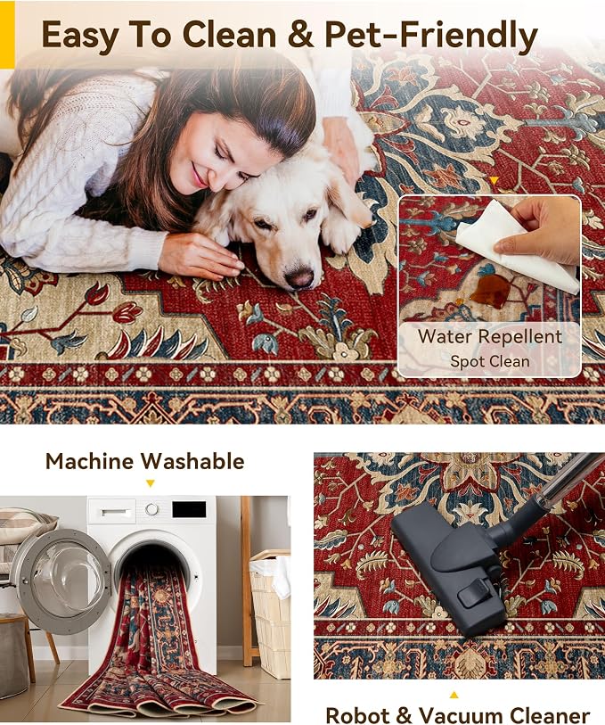 RELEANY Washable Area Rug, Runner 2'x6', Red/Blue | Non-Slip, Water Repellent, Pet Friendly, Easy to Clean, Vintage Floral Boho Decor for Kitchen Entry Bedroom Bedside Laundry