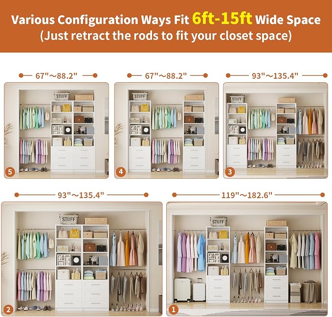 Closet System with 6 Drawers, 5-14FT Custom Closet Organizer System with 8 Expandable Hanging Rods&Adjustable Shelves, Modular Wood Closet Systems Tower for Walk in Closet Storage, 2 Sets, White