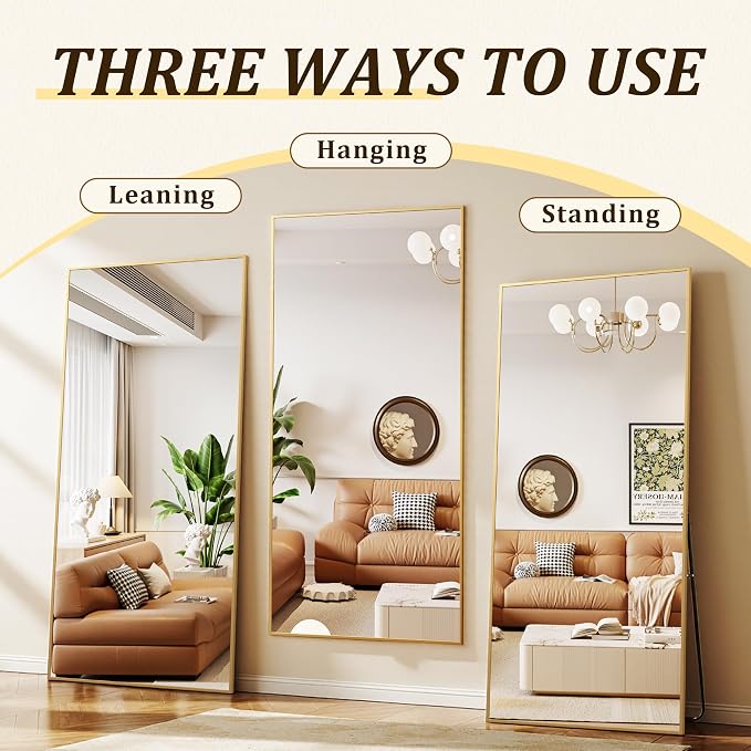 BEAUTYPEAK 80"x40" Rectangle Full Body Floor Mirrors, Full Length Mirror | Hanging or Leaning, Aluminum Alloy Frame Wall Mirror for Bedroom, Dressing Room, Gold
