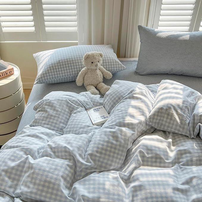LifeTB Blue Gingham Comforter Set Full Size Modern Style Blue Plaid Comforter Set 3 Pieces Grid Checkered Pattern Comforter Fluffy Soft Farmhouse Gingham Bedding Comforter with 2 Pillowcases
