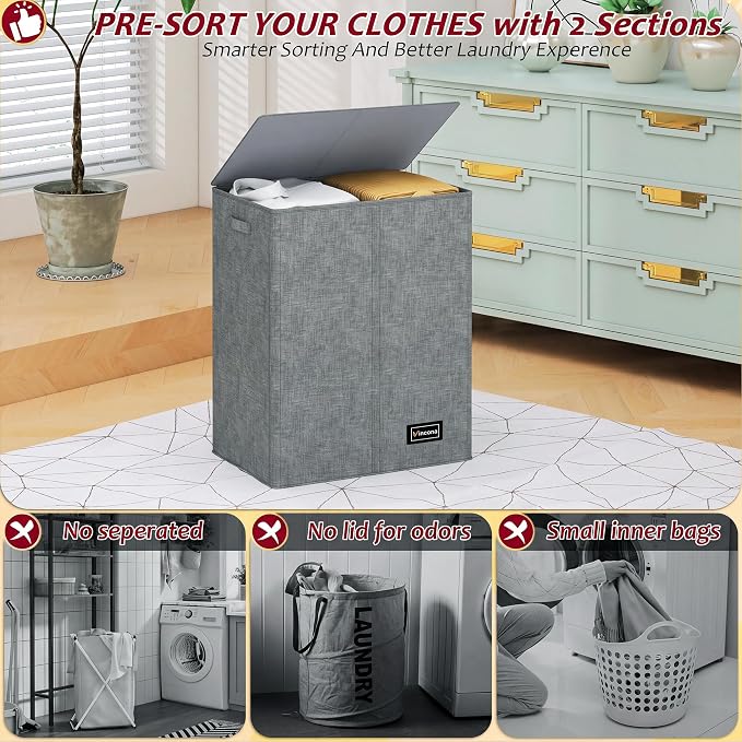 135L Laundry Hamper 2 Section, Large Laundry Hamper with Lid, Dirty Clothes Hamper with 2 Removable Inner Bags, Collapsible Laundry Basket Organizer for for Clothes Toys Towels, Hamper 2 Compartment