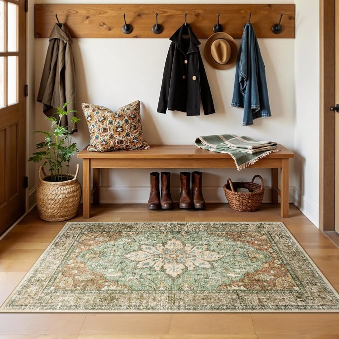RELEANY Washable Area Rug, 3'x5', Brick/Brown/Green | Non-Slip, Water Repellent, Pet Friendly, Easy to Clean, Vintage Floral Boho Decor for Living Room Bedroom Beside Kitchen