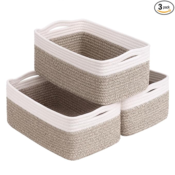 Goodpick 3-Pack Rope Storage Baskets for Gifts, 13 x 8 x 5 in | Woven Baskets for Closet Fit Bedroom Lving Room, Baby Baskets for Gift Empty, Dog Toy Basket for Pets, White & Light Brown