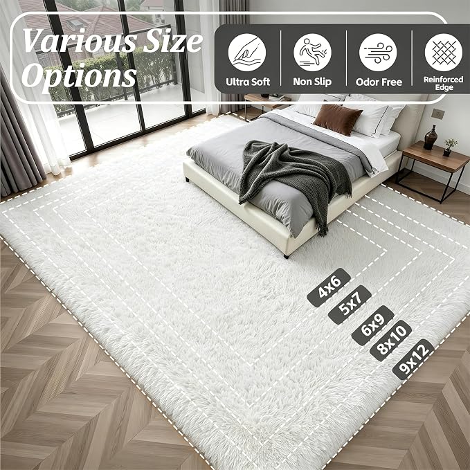 8x10 Area Rug Living Room Bedroom: Fluffy Plush Shag Carpet Ivory | For Kids Room Playroom Nursery Home Decor,Ultra Soft,Non-Slip Non-Shedding,Fuzzy Plush,Large Indoor Floor Carpet,Easy Clean