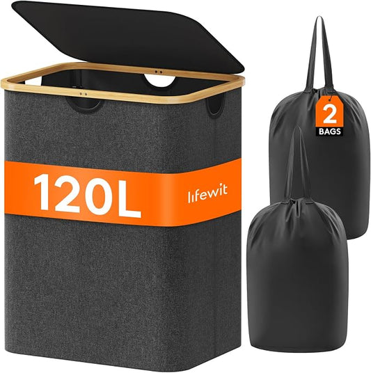 Lifewit 120L Laundry Basket with Lid, Clothes Hampers for Laundry with Bamboo Handles and 2 Removable Bag, Large Foldable Laundry Hamper for Bedroom, Bathroom, Dorm, Laundry Room, Dark Gray