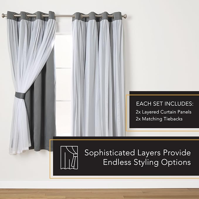 TOWN & COUNTRY LUXE Talia Double Layer Indoor Curtains, Sheer and Room Darkening Blackout, Grommet Top, Energy Efficient, 2-Pack Set, 52"x63", Black Pearl