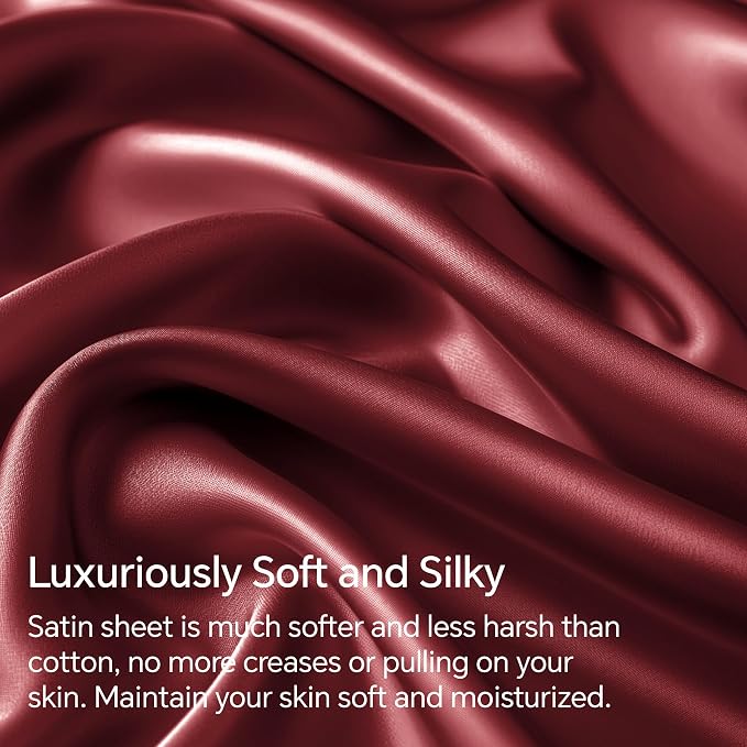 BEDELITE Satin Sheets King Size Bed Set, Burgundy, 4 Pieces | Luxury Silky Bed Sheets, 15 Inch Deep Pocket, Similar to Silk, Soft and Cooling, Reduces Friction, Gentle on Hair and Skin