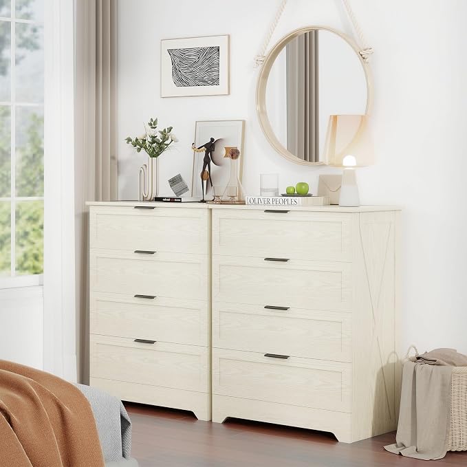 4 Closet Dresser, Farmhouse Dressers & Chests of Drawers, Light Oak | Wooden Storage Cabinet with Large Storage, Tall Dresser and Organizer with Anti-Tip Kit for Office, Living Room, Entryway