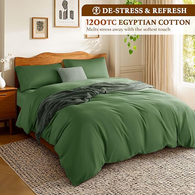 DEITAS 100% Cotton King Duvet Covers 3 Piece,1200 Thread Count，Olive Green | Luxury Egyptian Cotton Comforter Cover With Zipper Closure, Ultra Cooling Breathable, Hotel Bedding Duvet Covers