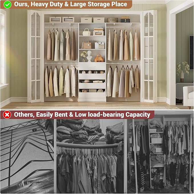 Aheaplus Closet System with 4 Drawers, 8FT Wood Closet Organizer System | 96" Closets Built In System Tower with Shelves, Walk-in Closets Wardrobe Clothes Garment Rack, Fits Spaces 4-9 ft, White