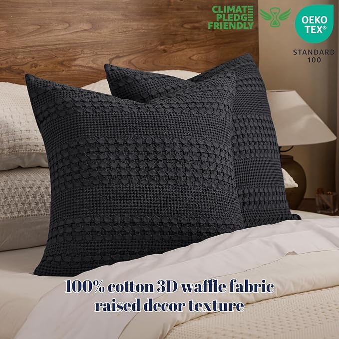 PHF 100% Cotton Waffle Weave Euro Sham Covers, 2 Pack 26" x 26" Bed Pillow Covers for Elegant Home Decor, No Filling, Luxury Aesthetic Soft Euro Pillow Cases for Bed, Black