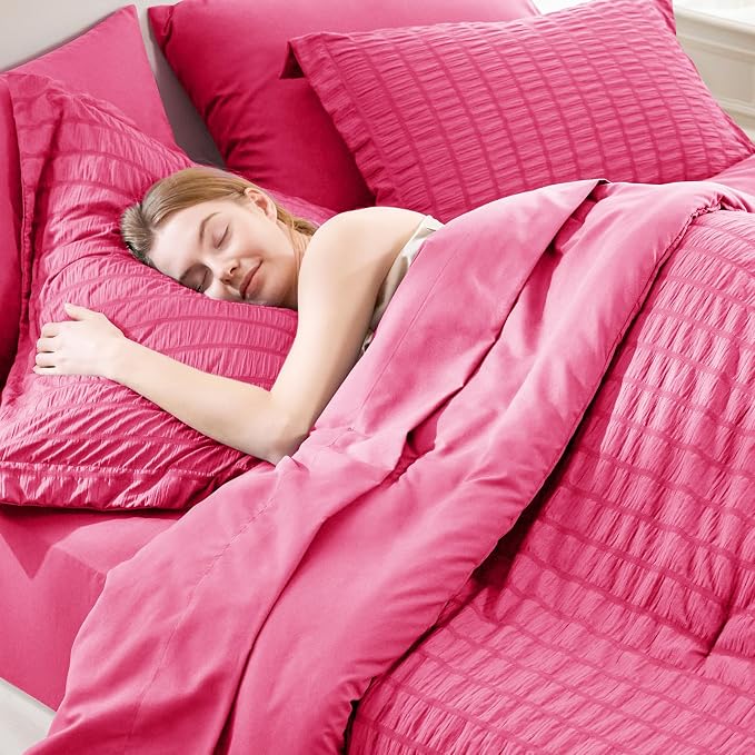 King Size Comforter Set, 7 Pieces Hot Pink Seersucker Bed in a Bag | OEKO-TEX Certified, All Season Bedding Set with 240 GSM Down Alternative Comforter, Flat & Fitted Sheets, Pillowcases & Shams