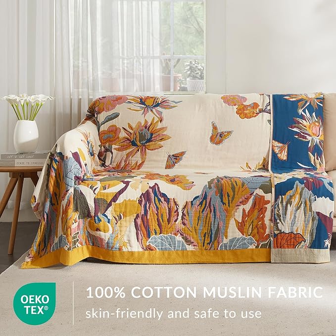 Boho Throw Blanket for Couch Sofa Bed, 100% Cotton Woven Quilt with Tassel 80”x90”, Super Soft Muslin Blanket with Floral Printed, Decorative Reversible Bed Blanket/Cover for All Seasons