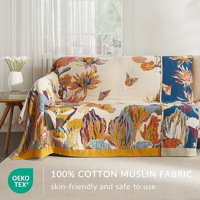 Boho Throw Blanket for Couch Sofa Bed, 100% Cotton Woven Quilt with Tassel 50”x60”, Super Soft Muslin Blanket with Floral Printed, Decorative Reversible Bed Blanket/Cover for All Seasons