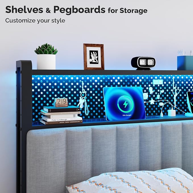 VINGLI Queen Size Headboard Only, Adjustable Upholstered Headboard with 2 Tier Shelves and Pegboard with Charging Stations and LED Lights, Modern Bed Headboard with Storage for Bedroom Decor