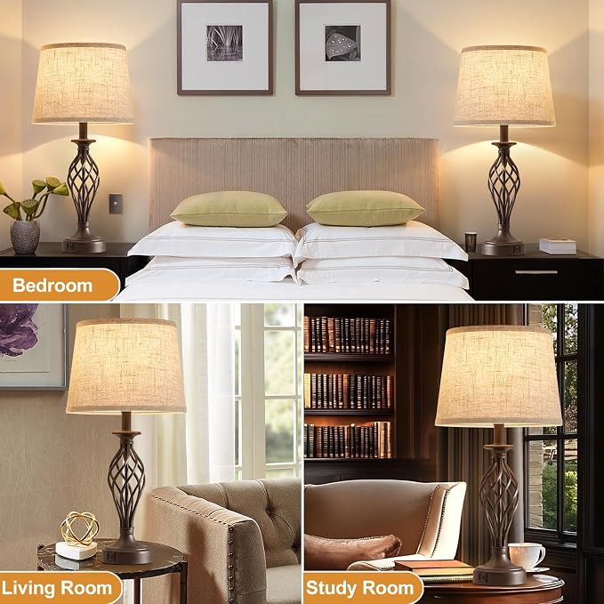 Table Lamp for Bedroom Set of 2 with USB C+A Ports,Modern Night Stand Lamp | Brown Bedside Lamps with Spiral Cage Base,Beige Fabric Shade,Lamp for Living Room Reading Bed Side End Table,Bulbs Included