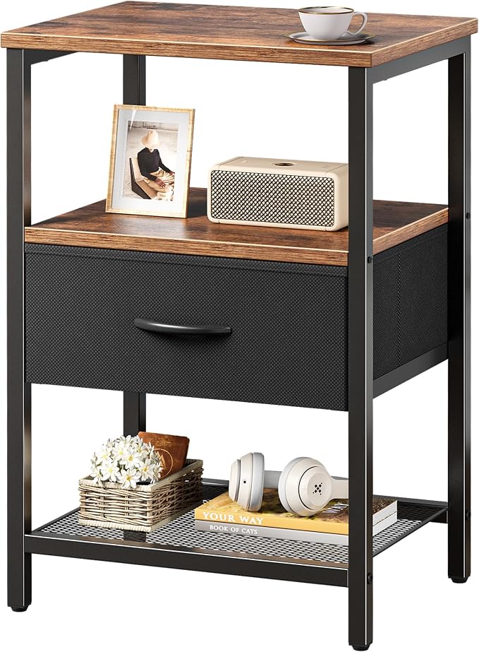 Huuger Night Stand with 2 Drawers, Bed Side Table with Open Shelf | Bedroom Nightstand, Fabric Drawer Dresser, Metal Frame, Couch Side, Living Room, Rustic Brown & Black