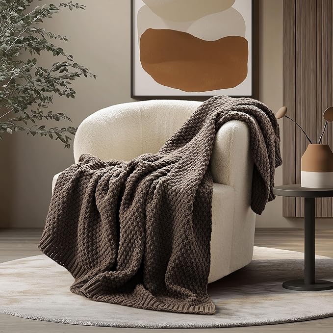 EVERGRACEHOME Chunky Chenille Knit Throw Blanket, 50 x 60, Cocoa Brown | Sculpted Moss Stitch, Chic Modern Farmhouse, All-Season Warmth, OEKO-TEX® Certified, Elegant Blanket for Couch, Bed, Sofa