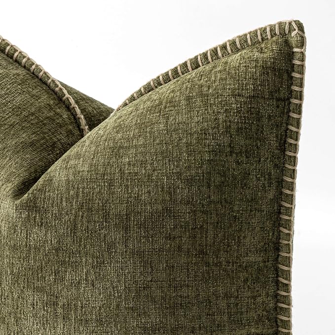 MIULEE Decorative Couch Throw Pillow Covers 20x20 Inch Olive Green 2 Pack | Farmhouse Pillow Covers with Stitched Edge, Soft Chenille Cushion Cases, for Sofa Bed Living Room Home Decor